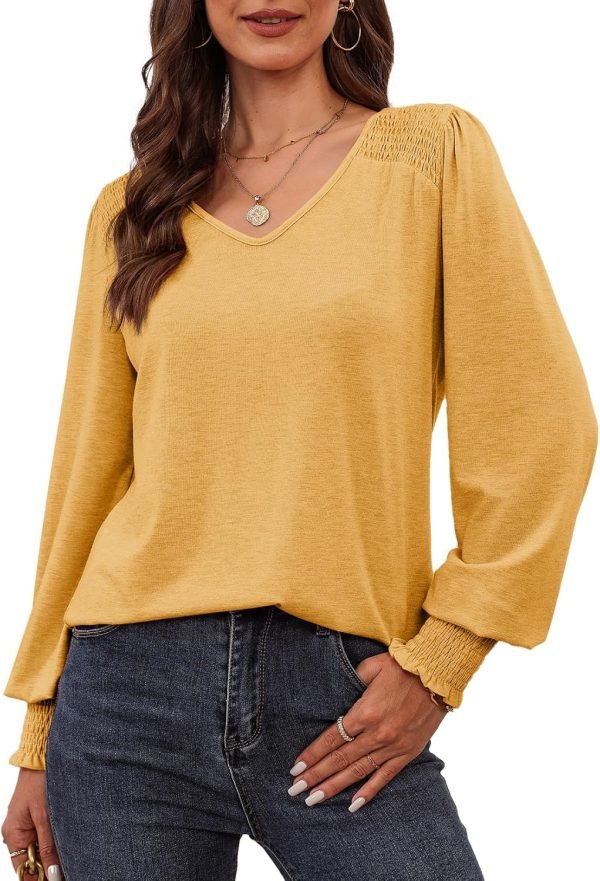 Women's Casual Long Sleeve Tops Shirred Shoulders Solid Color Knit Ribbed T Shirts Blouses