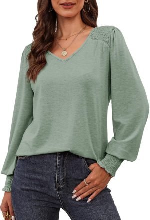 81x8Ki3j6-L._AC_SL1500 Women's Casual Long Sleeve Tops Shirred Shoulders Solid Color Knit Ribbed T Shirts Blouses