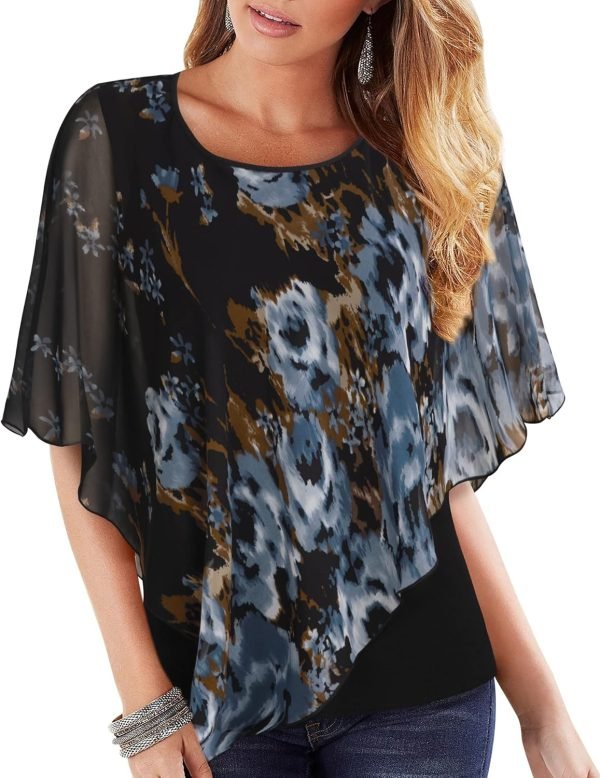 Women's Lightweight Flowy Shirt Double-Layered Printed Chiffon Poncho Blouse Top