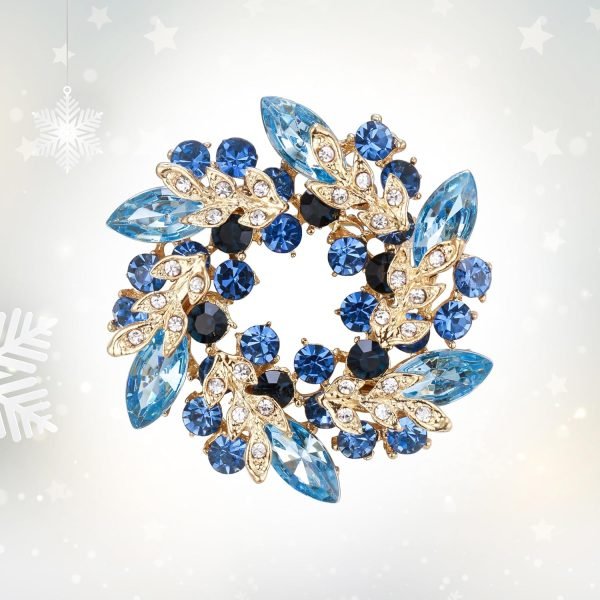 Austrian Crystal Wedding Flower Wreath Brooch Pin Blue Sapphire Color Gold-Tone