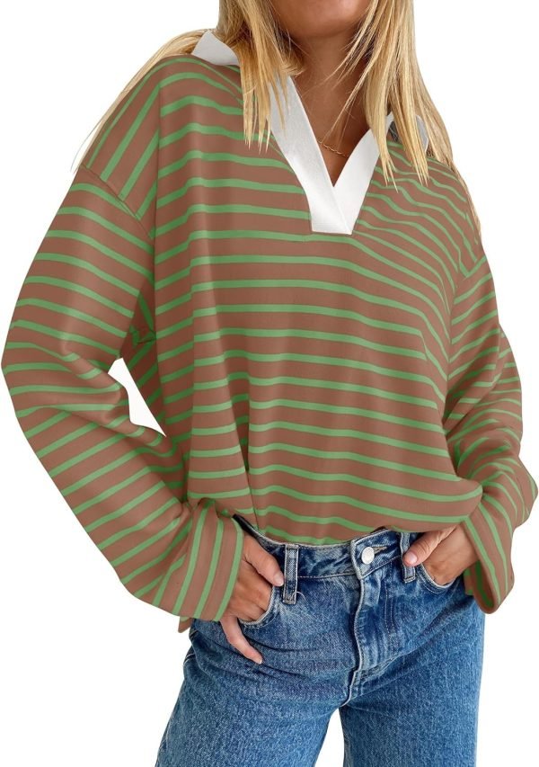 81yoiTLOS1L._AC_SL1500 Womens Striped Long Sleeve Shirts 2024 Casual V Neck Oversized Sweatshirt Loose Fit Tunic Tops Fall Blouses
