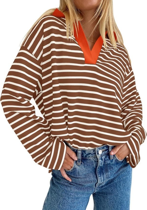 81zGJaGy_yL._AC_SL1500 Womens Striped Long Sleeve Shirts 2024 Casual V Neck Oversized Sweatshirt Loose Fit Tunic Tops Fall Blouses