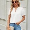 Womens Puff Sleeve Summer Tops Chiffon Short Sleeve Blouses White V Neck Pom Pom Shirts