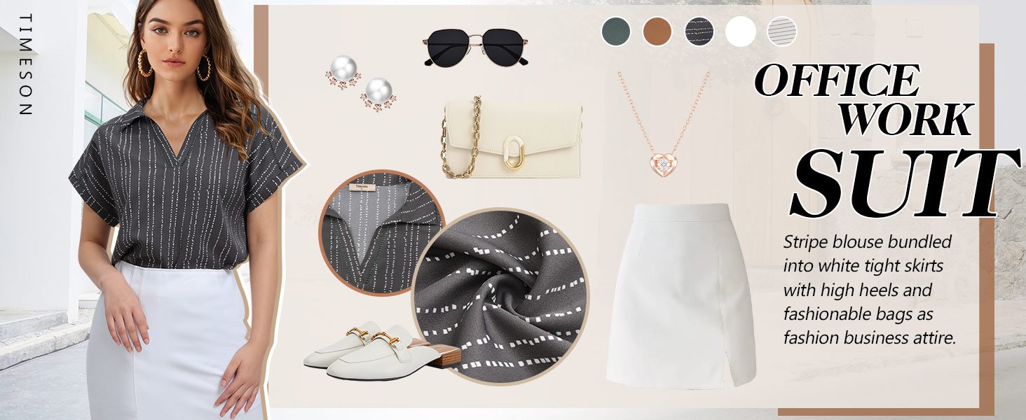 Timeson Women's Short Sleeve Chiffon Blouses Office Work Dress Shirts Business Casual Tops