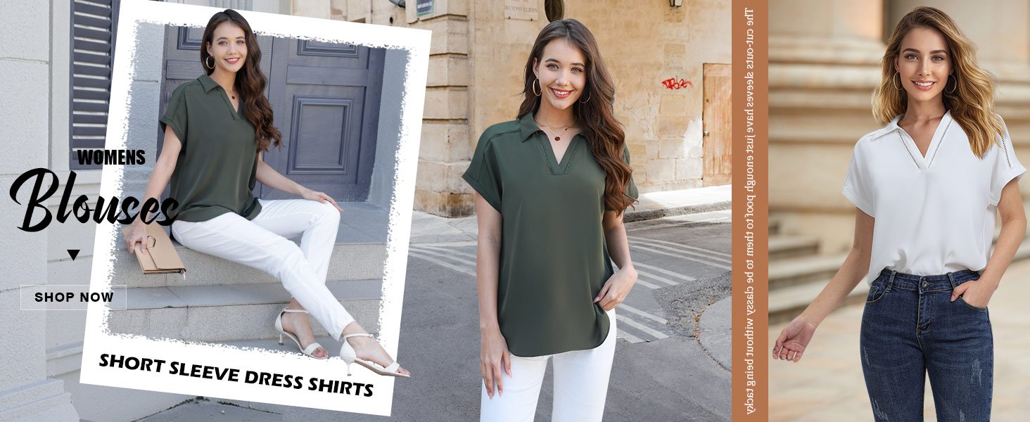 Timeson Women's Short Sleeve Chiffon Blouses Office Work Dress Shirts Business Casual Tops