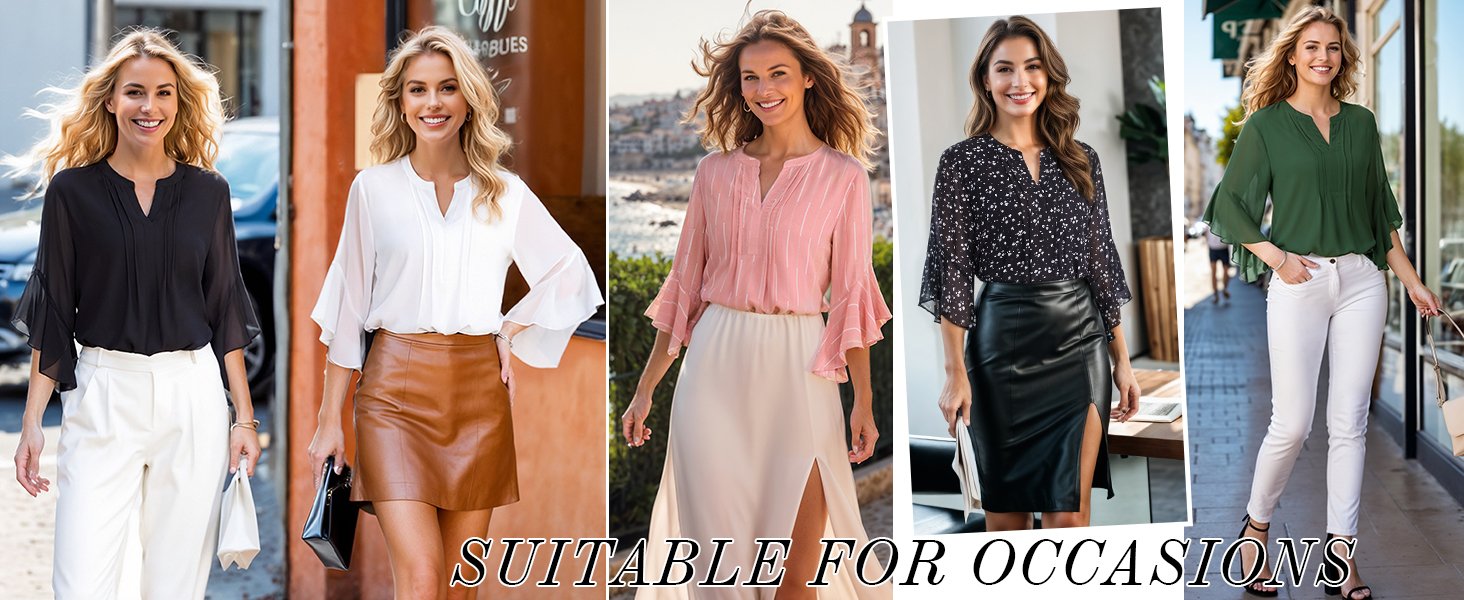 Timeson Women's 3/4 Sleeve Tops Dressy Casual Business Work Blouses Chiffon Office Shirts