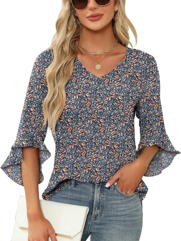 Chiffon Blouses for Women Ruffle 3/4 Sleeve Dressy V Neck Casual Flowy Tunic Tops