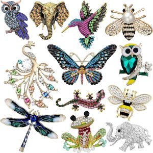 91E4_LfKBSL._AC_SL1500 12 Pcs Women Brooches Bulk Set Rhinestone Crystal Vintage with Hummingbird Owl Elephant Peacock Bee Brooch Pin Animal Shape Butterfly Pins for Women Girls Christmas Gifts