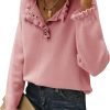 Women's Sweaters Casual Long Sleeve Button Down Crew Neck Ruffle Knit Pullover Sweater Tops Solid Color Striped