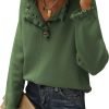 Women's Sweaters Casual Long Sleeve Button Down Crew Neck Ruffle Knit Pullover Sweater Tops Solid Color Striped