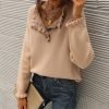 Women's Sweaters Casual Long Sleeve Button Down Crew Neck Ruffle Knit Pullover Sweater Tops Solid Color Striped