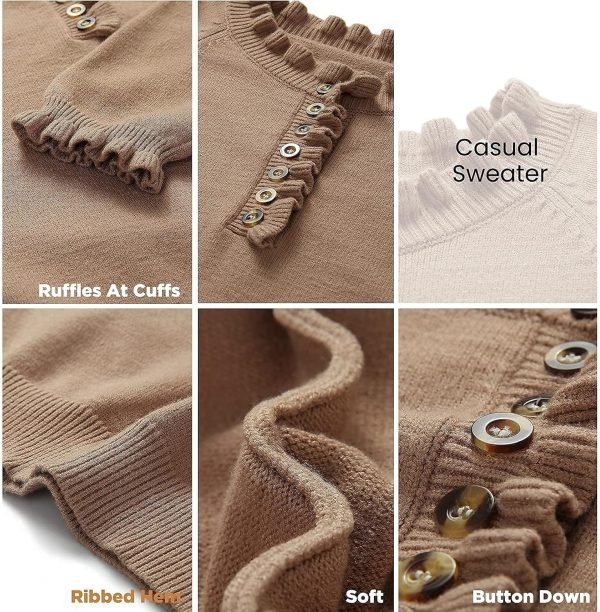 Women's Sweaters Casual Long Sleeve Button Down Crew Neck Ruffle Knit Pullover Sweater Tops Solid Color Striped