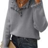 Women's Sweaters Casual Long Sleeve Button Down Crew Neck Ruffle Knit Pullover Sweater Tops Solid Color Striped