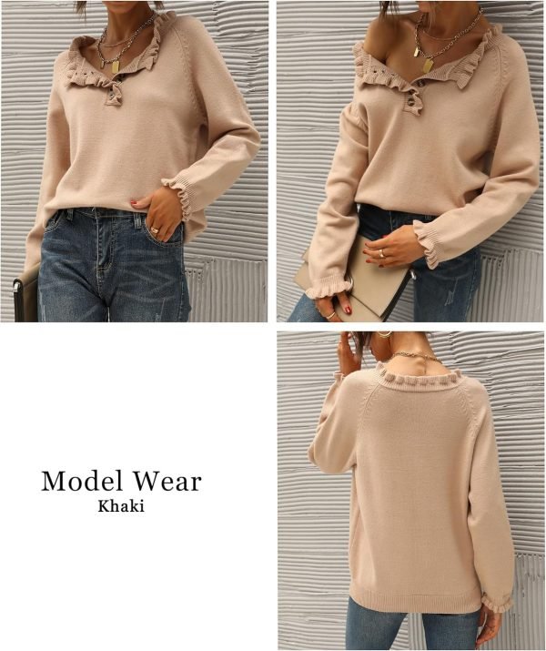 Women's Sweaters Casual Long Sleeve Button Down Crew Neck Ruffle Knit Pullover Sweater Tops Solid Color Striped