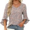 Chiffon Blouses for Women Ruffle 3/4 Sleeve Dressy V Neck Casual Flowy Tunic Tops