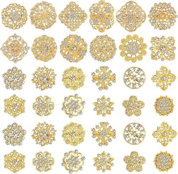 36 Pieces Clear Rhinestone Brooches for Crafts Crystal Flower Brooch Pins with Rhinestones Sliver Bulk Brooches Jewelry for Woman Flower Lapel Badge Pins DIY Wedding Bouquet Broaches Kit