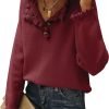 Women's Sweaters Casual Long Sleeve Button Down Crew Neck Ruffle Knit Pullover Sweater Tops Solid Color Striped