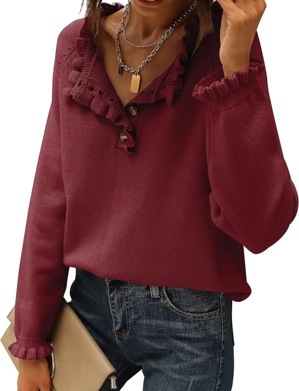 Women's Sweaters Casual Long Sleeve Button Down Crew Neck Ruffle Knit Pullover Sweater Tops Solid Color Striped