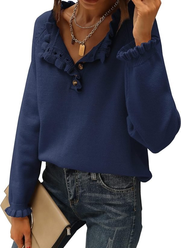 Women's Sweaters Casual Long Sleeve Button Down Crew Neck Ruffle Knit Pullover Sweater Tops Solid Color Striped
