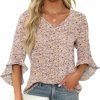 Chiffon Blouses for Women Ruffle 3/4 Sleeve Dressy V Neck Casual Flowy Tunic Tops