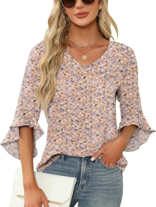 Chiffon Blouses for Women Ruffle 3/4 Sleeve Dressy V Neck Casual Flowy Tunic Tops