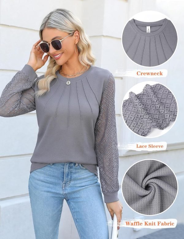 Women's Waffle Knit Tops Dressy Business Casual Blouses Lace Long Sleeve Work Shirts Fall Clothes