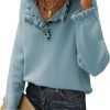 Women's Sweaters Casual Long Sleeve Button Down Crew Neck Ruffle Knit Pullover Sweater Tops Solid Color Striped