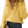 Women's Sweaters Casual Long Sleeve Button Down Crew Neck Ruffle Knit Pullover Sweater Tops Solid Color Striped