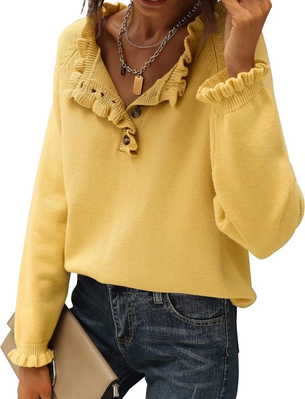 Women's Sweaters Casual Long Sleeve Button Down Crew Neck Ruffle Knit Pullover Sweater Tops Solid Color Striped