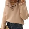 Women's Sweaters Casual Long Sleeve Button Down Crew Neck Ruffle Knit Pullover Sweater Tops Solid Color Striped