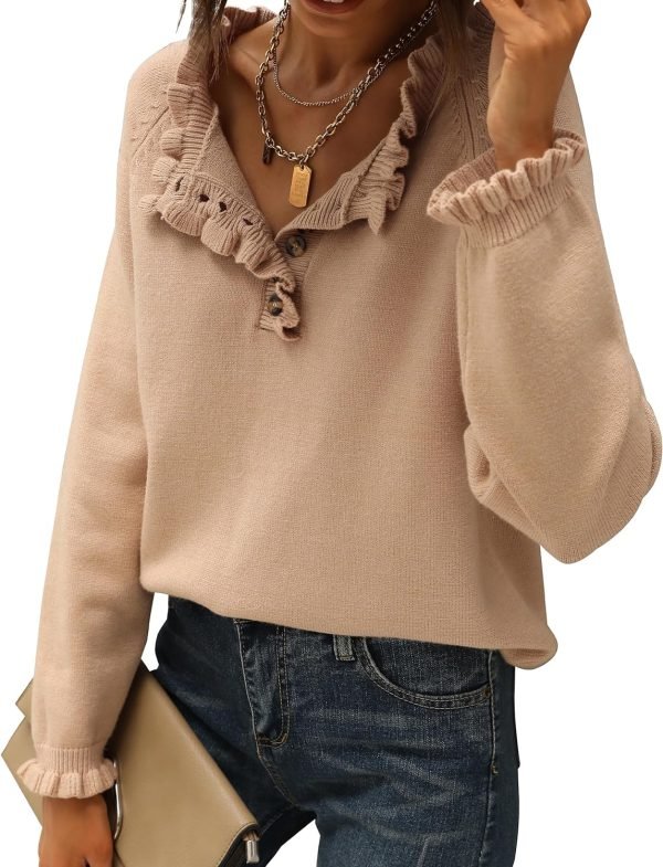 Women's Sweaters Casual Long Sleeve Button Down Crew Neck Ruffle Knit Pullover Sweater Tops Solid Color Striped