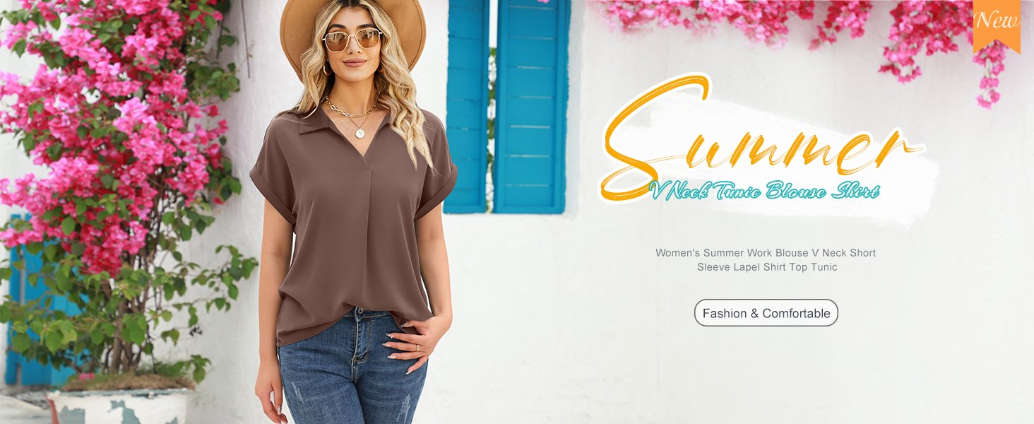 womens short sleeve shirts v neck collared blouses chiffon tunic work tops