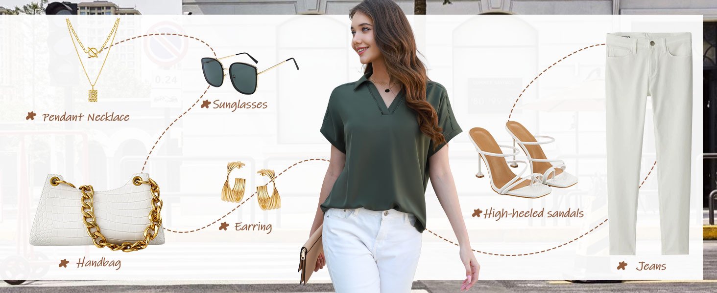 Timeson Women's Short Sleeve Chiffon Blouses Office Work Dress Shirts Business Casual Tops