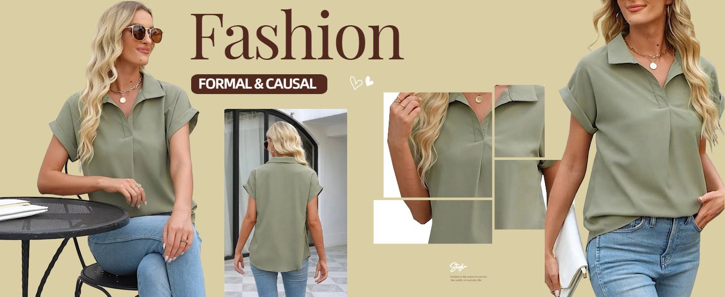 Women's Short Sleeve Tops and Blouses Business Casual Collared Tunic Shirt