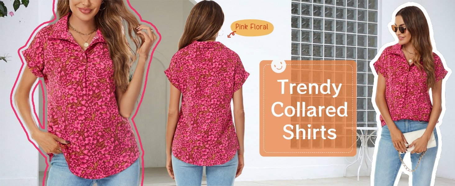 Women's Short Sleeve Tops and Blouses Business Casual Collared Tunic Shirt