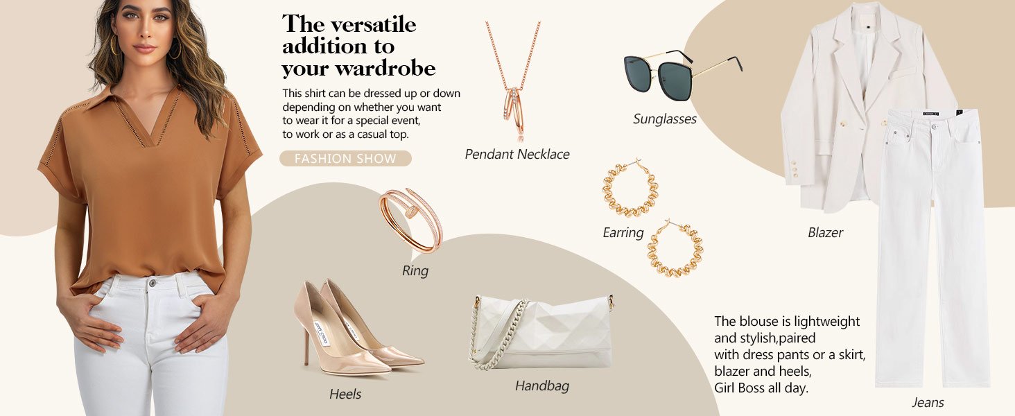 Timeson Women's Short Sleeve Chiffon Blouses Office Work Dress Shirts Business Casual Tops